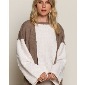 POL Split Back Knit Top “Pop Pop With Deetz” in brown and white